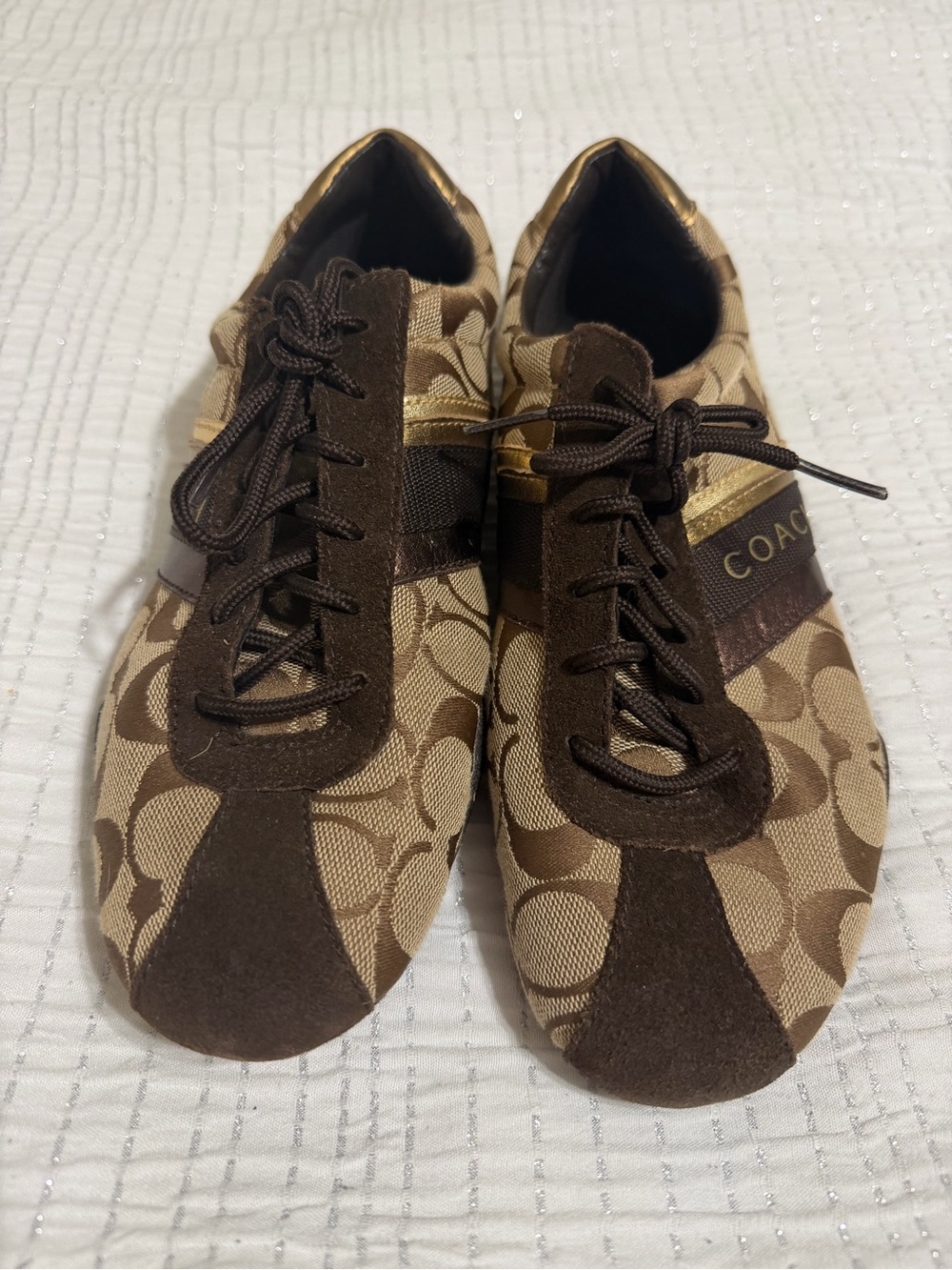 Coach Brown Signature Logo Lace-Up Sneakers with Gold Accent